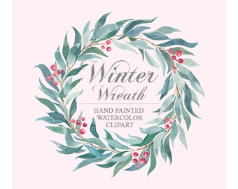 Watercolor Winter Wreath, Christmas Clip Art, Hand Painted Flowers Wreath Instant Download