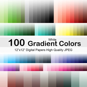 Op de afbeelding: Een set van 100 digitale gradientkleuren in JPEG-formaat. Elk papier is 30,48 cm bij 30,48 cm. De kleuren omvatten groen, blauw, rood, geel, paars en grijs.