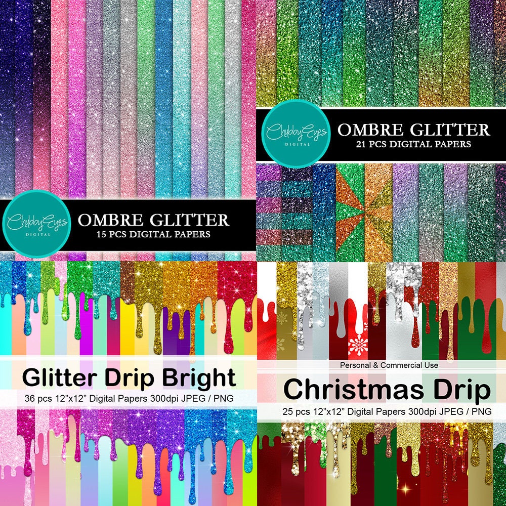 Glitter Digital Papers Bundle Pack, Ombre Glitter, Rainbow Color ...