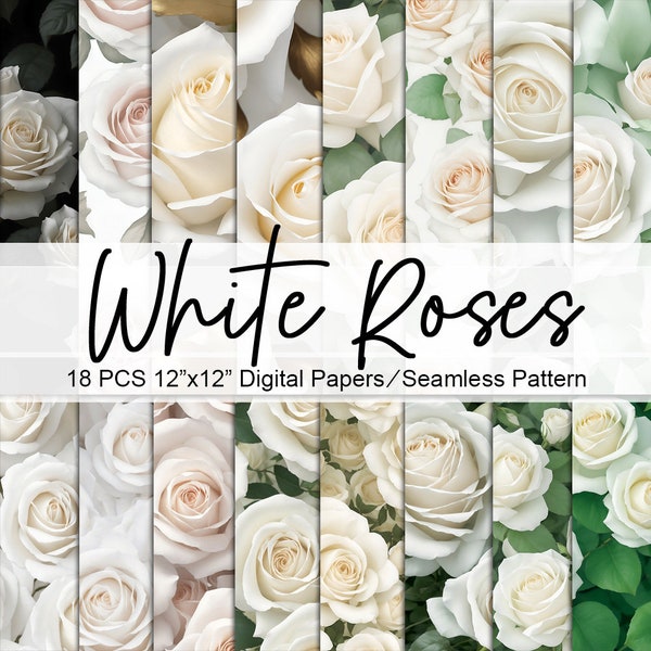 White Roses Seamless Pattern Digital Papers, White Roses Background, Digital Scrapbook Papers - Instant Download