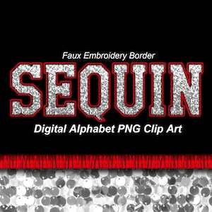 Witzilveren pailletten varsity alfabet illustraties, rode faux borduurrand, Sport College PNG-letters-digitale Instant Download