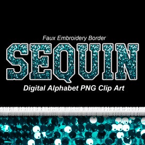 Turquoise pailletten varsity alfabet illustraties, faux borduurrand, Sport College PNG-letters-digitale Instant Download