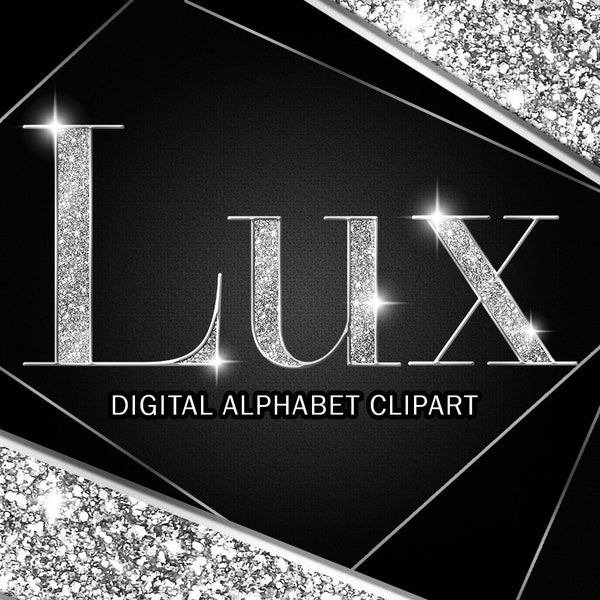 Silver Glitter Alphabet Clip Art, Silver Glam Lettering Clip Art- Descarga instantánea digital