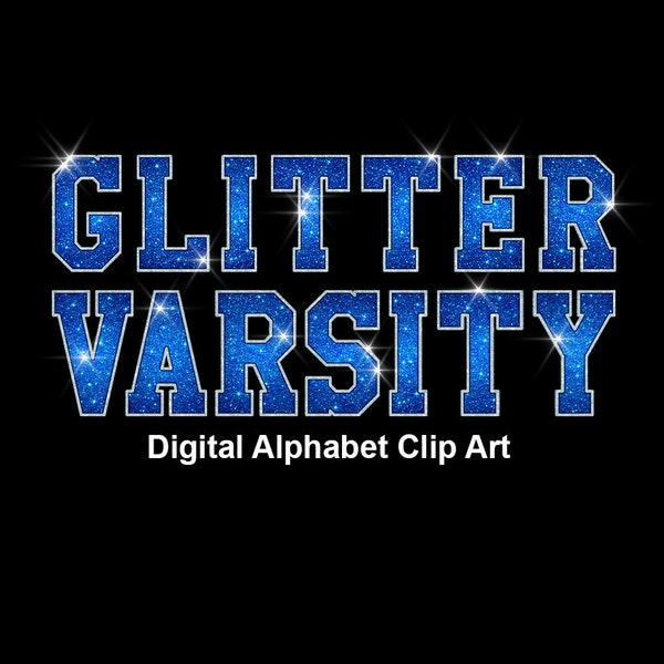 Blue Silver Glitter Varsity Alphabet Clip Art, Sport College Style Lettering Clip Art- Digital Instant Download