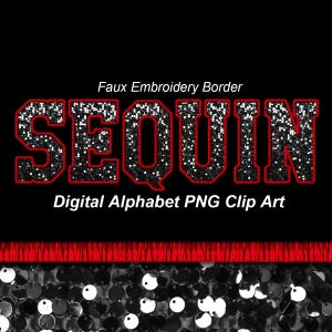 Schwarze Pailletten Varsity Alphabet Clip Art, rote Faux Stickerei Bordüre, Sport College PNG Buchstaben - Digitaler Sofort Download