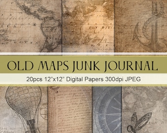 May include: A set of 20 digital papers featuring vintage maps, handwritten text, a compass, a hot air balloon, an anchor, and a fairy. The papers are 12 inches by 12 inches and 300 dpi.