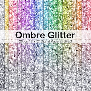 May include: 20 digital papers featuring ombre glitter patterns in various colours. Each paper is 12 inches by 12 inches and is in JPEG format.