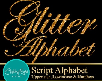 Gold Glitter Alphabet, Numbers and Punctuation Clip Art, Digital Sparkle Font Clipart- Digital Instant Download