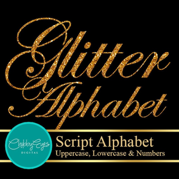Gold Glitter Alphabet, Numbers and Punctuation Clip Art, Digital Sparkle Font Clipart- Digital Instant Download