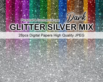 Silver Ombre Glitter Digital Papers, Dark Colorful Glitter Scrapbook Papers Glitter Clipart, Commercial Use, Instant Download