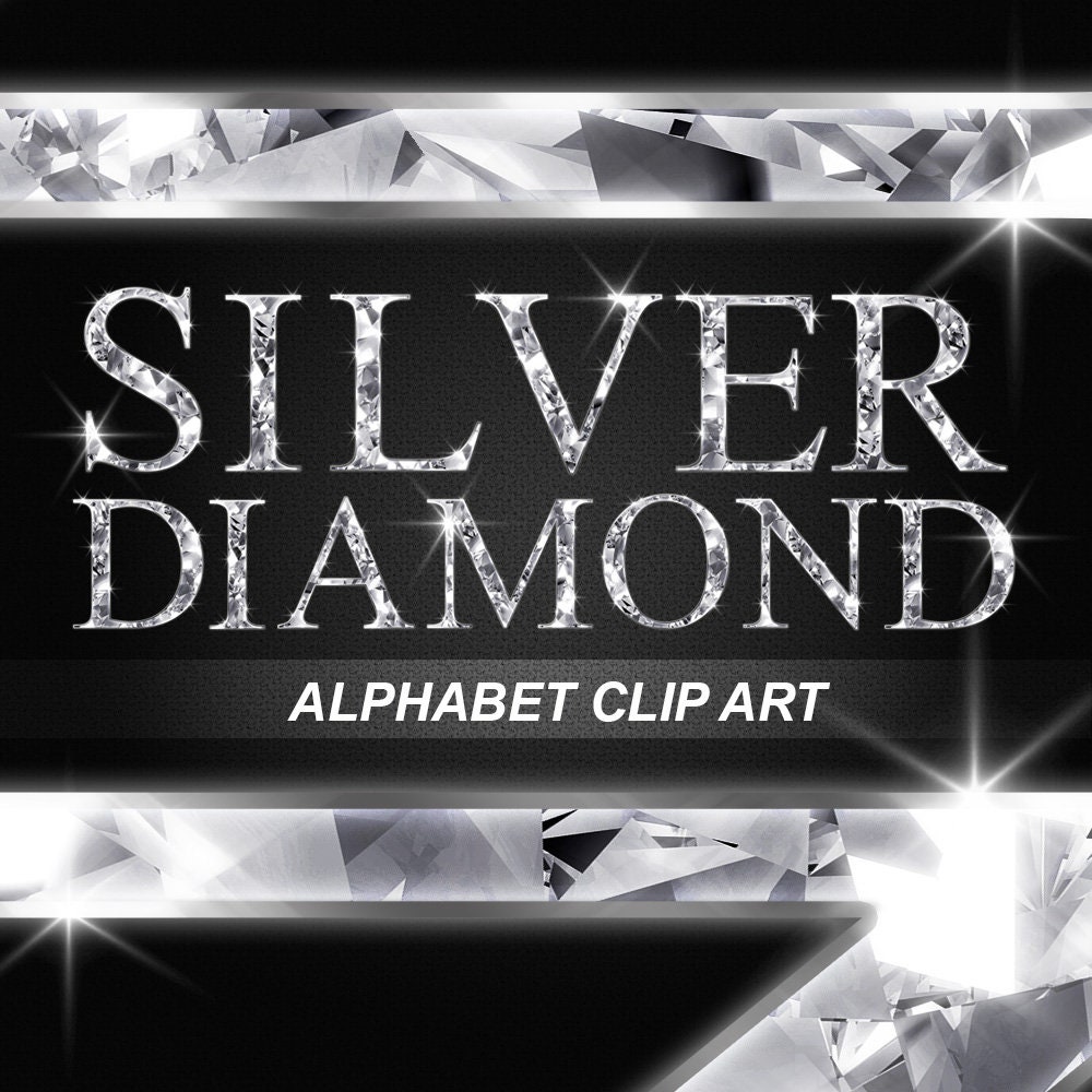 Set de Clip Art Alfabeto Diamante Plateado con Números y Puntuación | Letras PNG Brillantes Descarga Instantánea