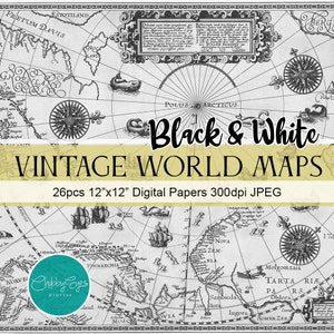 Vintage World Map, Black &amp; White, Antique Map, Scrapbook Papers ...