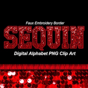 Rode pailletten varsity alfabet illustraties, rode faux borduurrand, Sport College PNG-letters-digitale Instant Download