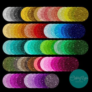 Puede incluir: Un conjunto de 30 superposiciones redondas de purpurina en varios colores, incluyendo plata, oro, rojo, azul, verde, rosa, morado y m&aacute;s. Las superposiciones est&aacute;n dispuestas en filas, con cada fila presentando un color diferente. Las superposiciones son perfectas para agregar un toque de brillo a tus manualidades, scrapbooking y otros proyectos.