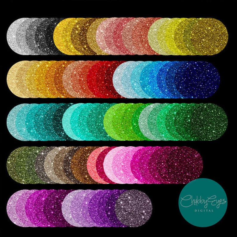 Puede incluir: Un conjunto de 30 superposiciones redondas de purpurina en varios colores, incluyendo plata, oro, rojo, azul, verde, rosa, morado y m&aacute;s. Las superposiciones est&aacute;n dispuestas en filas, con cada fila presentando un color diferente. Las superposiciones son perfectas para agregar un toque de brillo a tus manualidades, scrapbooking y otros proyectos.
