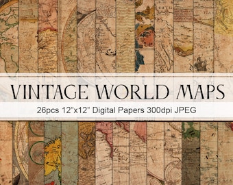 Peut inclure: Un ensemble de 26 papiers numériques de cartes du monde vintage, chacun mesurant 30,5 cm sur 30,5 cm. Les cartes sont dans un style vieilli avec des couleurs et du texte délavés. Les cartes sont parfaites pour le scrapbooking, la fabrication de cartes et autres travaux manuels en papier.