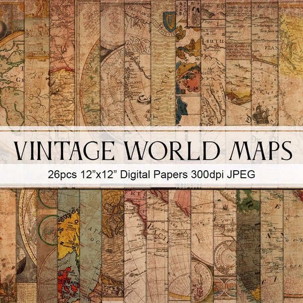 Vintage World Maps, Grunge Maps, Antique Map, Scrapbook Papers, Printable, Commercial Use, Instant Download