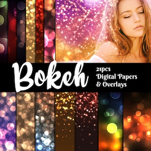 May include: A set of 21 digital papers and overlays featuring bokeh and star-shaped lights in various colors, including gold, red, pink, and blue. The text "Bokeh 21pcs Digital Papers & Overlays" is displayed on a black background.