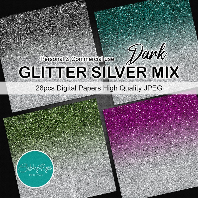Silver Ombre Glitter Digital Papers, Dark Colorful Glitter Scrapbook ...