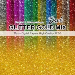 May include: A digital paper pack with 28 high-quality JPEG images of dark glitter in various colours. The text "Dark Glitter Gold Mix" is displayed on the image.