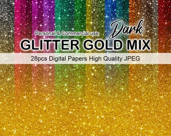 Gold Ombre Glitter Digital Papers, Dark Colorful Glitter Scrapbook Papers Glitter Clipart, Commercial Use, Instant Download