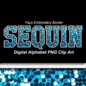 Blau Pailletten Varsity Alphabet Clip Art, Faux Stickerei Bordüre, Sport College PNG Buchstaben - Digitaler Sofort Download