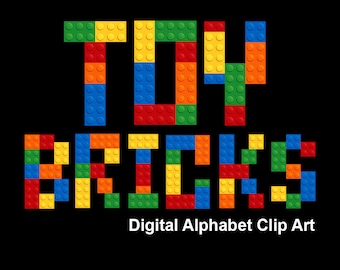 May include: Toy Bricks spelled out in colorful plastic blocks. The letters are made of red, yellow, blue, green, and orange blocks. The text below reads "Digital Alphabet Clip Art".
