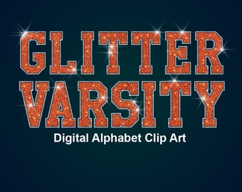 Orange Silver Glitter Varsity Alphabet Clip Art, Sport College Style Lettering Clip Art- Digital Instant Download