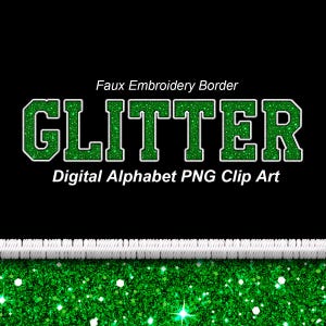 Grün Glitter Varsity Alphabet Clip Art, Grüner Faux-Stickerei-Rand, Sport College PNG Buchstaben - Digitaler Sofort Download