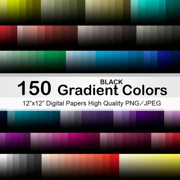 150 Gradient Papers, Black Gradient Color Digital papers, Color Background - Instant Download