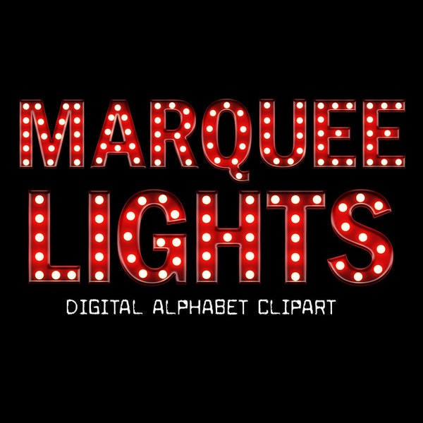 Red Marquee Lights Alphabet, Vintage Light Box Lettering Clip Art- Digital Instant Download