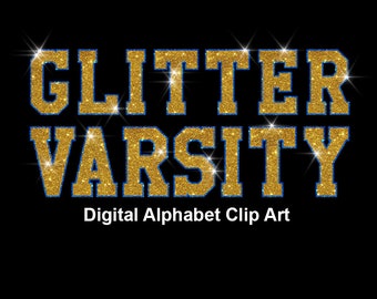 Gold Blue Glitter Varsity Alphabet Clip Art, Sport College Style Lettering Clip Art- Digital Instant Download