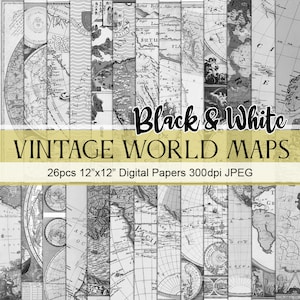 Vintage Weltkarte, schwarz & weiß, antike Karte, Scrapbook Papiere, bedruckbar, kommerzielle Nutzung, Instant Download