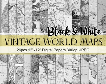 Vintage World Map, Black & White, Antique Map, Scrapbook Papers, Printable, Commercial Use, Instant Download