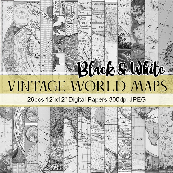 Vintage World Map, Black & White, Antique Map, Scrapbook Papers, Printable, Commercial Use, Instant Download