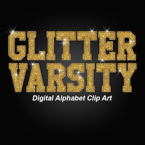 Gouden glitter Varsity Alfabet Clip Art, Sport College Style PNG Letters - Digitale Instant Download