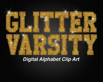 Gold Glitter Varsity Alphabet Clip Art, Sport College Style PNG Letters - Digital Instant Download