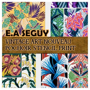 May include: A vintage Art Nouveau pochoir stencil print by E.A. Seguy featuring four different designs with geometric and floral patterns in shades of blue, green, red, yellow, and black.