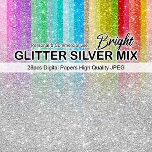 Silver Ombre Glitter Digital Papers, Colorful Glitter Scrapbook Papers Glitter Clipart, Commercial Use, Instant Download