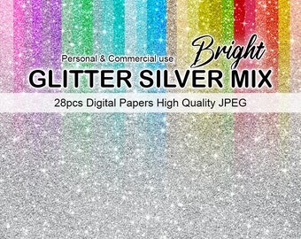 Silver Ombre Glitter Digital Papers, Colorful Glitter Scrapbook Papers Glitter Clipart, Commercial Use, Instant Download