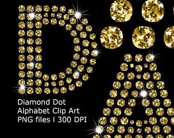 Diamond Dot Alphabet Clip Art, Gold Shiny Diamond Alphabet Digital Instant Download