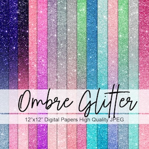 May include: A set of 12 digital papers featuring ombre glitter patterns in various shades of pink, blue, and purple. Each paper is 12" x 12" and high quality JPEG.