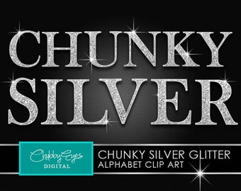 Chunky Silver Glitter Digital Alphabet, Numbers and Punctuation Clip Art, Glitter Letters, Alphabet Clipart - Instant Download