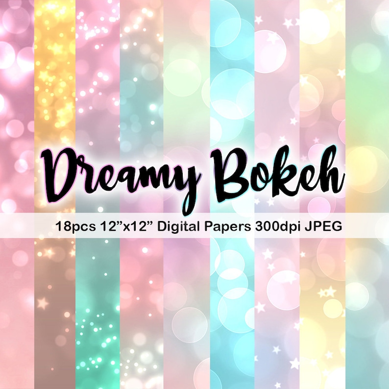 Bokeh Digital Papers, Star Bokeh Overlays, Instant Download Scrapbook Papers Pastel Colorful Background Clipart image 1