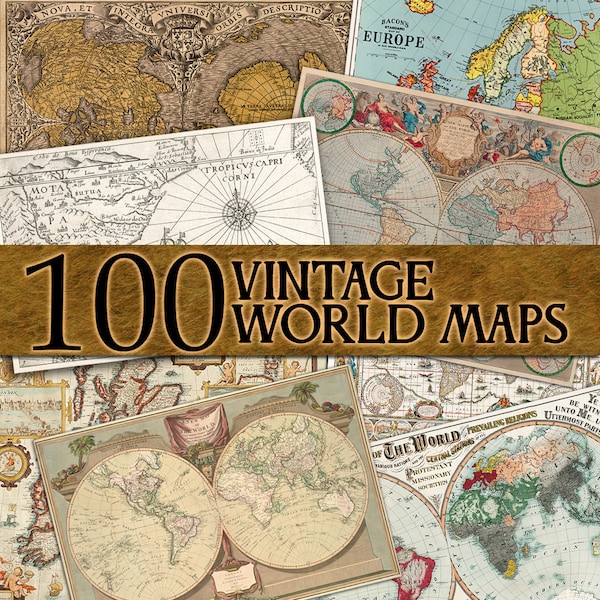 100 Vintage World Maps, Old Maps, Antique Maps, Digital Maps, Commercial Use, Instant Download