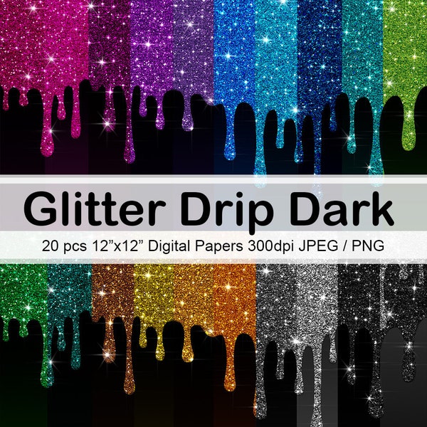 Dark Glitter Drip Digital Papers, Ombre Dark gradient Background Scrapbook Papers Glitter Clipart, Commercial Use, Instant Download