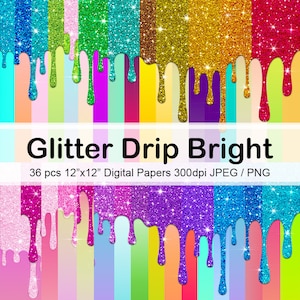 Peut inclure: 36 papiers numériques avec un motif de gouttes de paillettes dans différentes couleurs vives. Chaque papier mesure 30,48 cm sur 30,48 cm et 300 dpi.