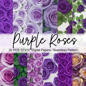 Papéis digitais com padrão sem emenda de rosas roxas, fundo de rosas roxas, papéis para álbuns de recortes digitais - download instantâneo
