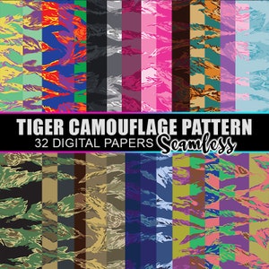 Carte digitali mimetiche, carte per album colorate, sfondo mimetico senza cuciture con motivo a strisce di tigre militare, download istantaneo