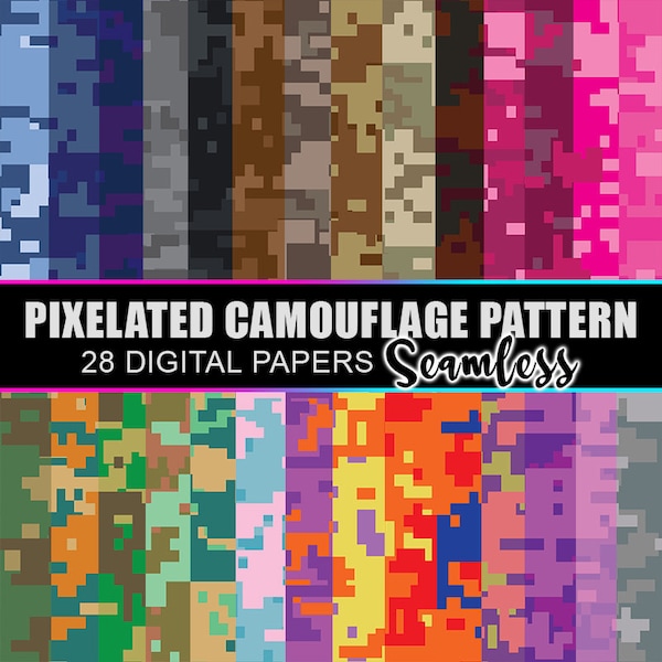 Pixelated Camouflage Digital Papers, Colorful Scrapbook Papers, Military Pattern Camo Seamless Background - Instant Download
